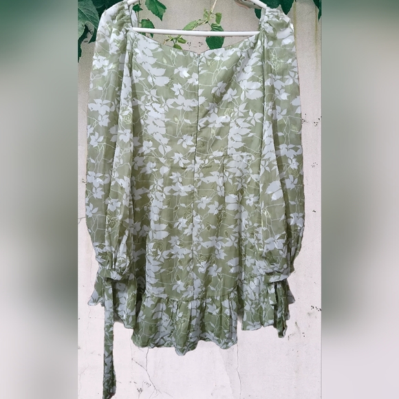 Saints + Secrets Olive Leaf Print Balloon sleeved Ruffle Hem Mini Dress, - Picture 3 of 11